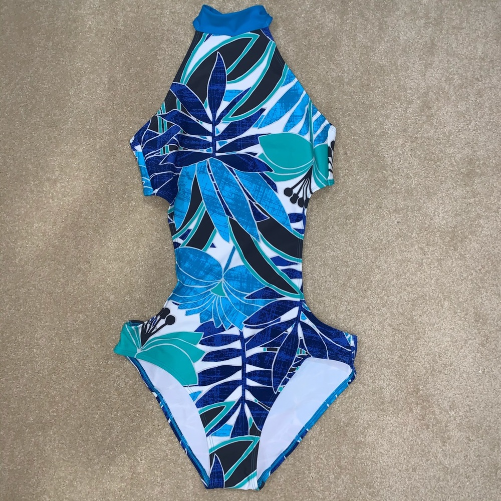 Aerie Blue Floral One Piece Swimsuit, Size Medium